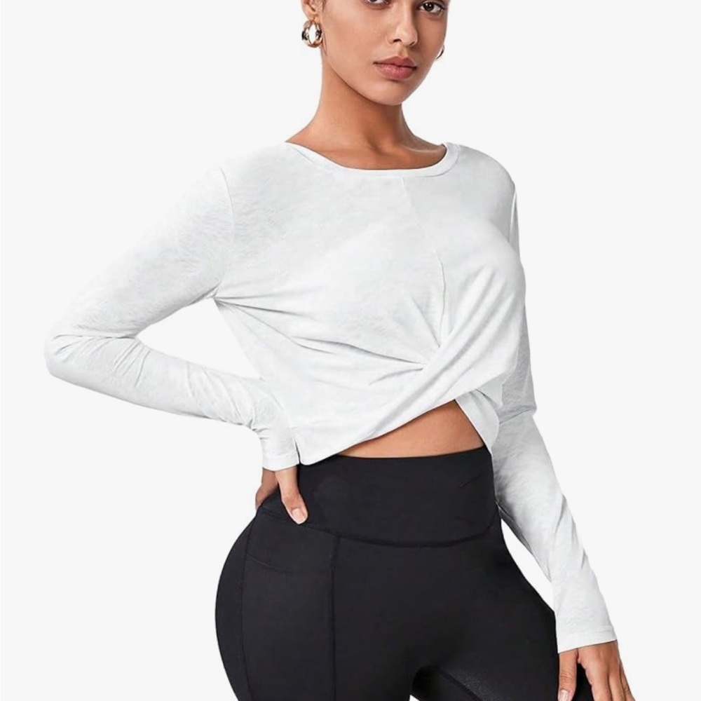 All In Motion NEW Twist Front Long Sleeve Ribbed Top Athletic Bone White Cream M - Picture 2 of 6